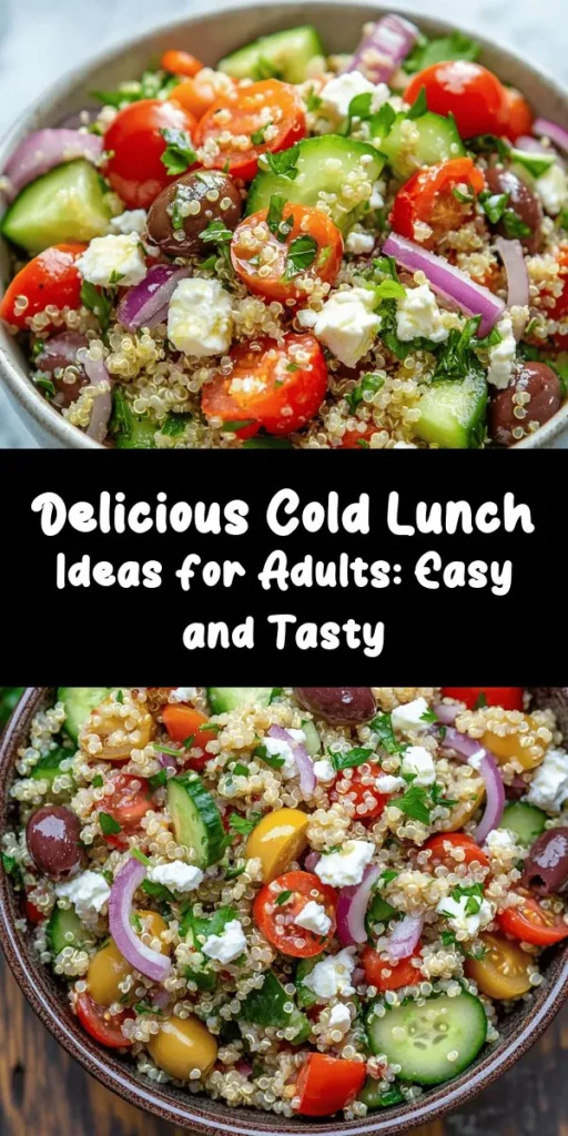 Discover a variety of refreshing and nutritious cold lunch ideas perfect for adults! From a vibrant Mediterranean Quinoa Salad to a classic Turkey and Hummus Wrap, there’s something for everyone. Enjoy the creaminess of a Chickpea Salad Sandwich or the zingy flavors of a Thai Chicken Salad. Don't miss out on delightful options like smoked salmon avocado toast, colorful veggie wraps, and even fun sushi rolls. These quick recipes are easy to prepare and perfect for a delicious lunch at home or on the go!