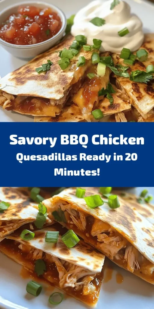 Elevate your snack game with these delicious BBQ Chicken Quesadillas! Perfect for a quick dinner or a fun appetizer, they combine tender shredded chicken, zesty BBQ sauce, and gooey melted cheese all wrapped in crispy tortillas. Garnish with fresh green onions and cilantro, and serve with your favorite salsa and sour cream for a tasty kick. Ready in just 20 minutes, this recipe is a crowd-pleaser that's as easy to make as it is to enjoy!