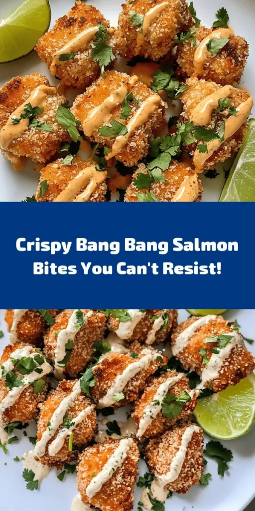 Try these Crispy Bang Bang Salmon Bites for a delicious and fun seafood appetizer! With bite-sized pieces of salmon coated in a crunchy panko crust and fried to perfection, they're irresistible. Pair them with a creamy, sweet, and spicy Bang Bang sauce that perfectly complements the fish. Garnish with fresh cilantro and serve with lime wedges for an extra burst of flavor. Easy to make and perfect for sharing, this recipe will be a hit at your next gathering!