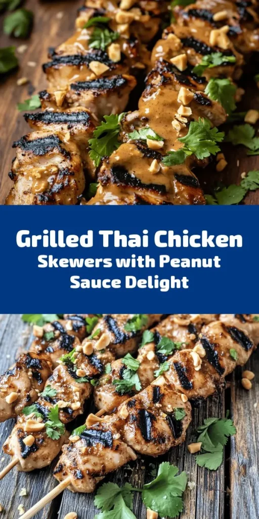 Get ready for a taste of Thailand with these easy grilled chicken skewers! Juicy boneless chicken thighs marinated in a flavorful blend of soy sauce, garlic, and lime juice, then grilled to perfection. Pair them with a creamy peanut sauce made from peanut butter, coconut milk, and a hint of spice for a delicious finish. Perfect for meals or gatherings, serve them alongside jasmine rice or a fresh salad for a complete dish. Enjoy this flavorful, fun recipe!