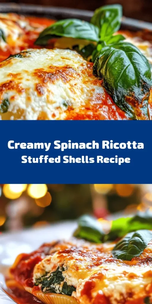 Indulge in a comforting platter of Spinach and Ricotta Stuffed Shells Delight! Perfect for a cozy dinner, this recipe is all about flavor and nutrition. Jumbo pasta shells are filled with a creamy mixture of fresh spinach, ricotta, and mozzarella cheese, then baked in rich marinara sauce. Topped with bubbly mozzarella and fresh basil, it’s a vegetarian dish that’s sure to impress. Easy to prepare and ready in under an hour, enjoy this delicious meal with your loved ones!