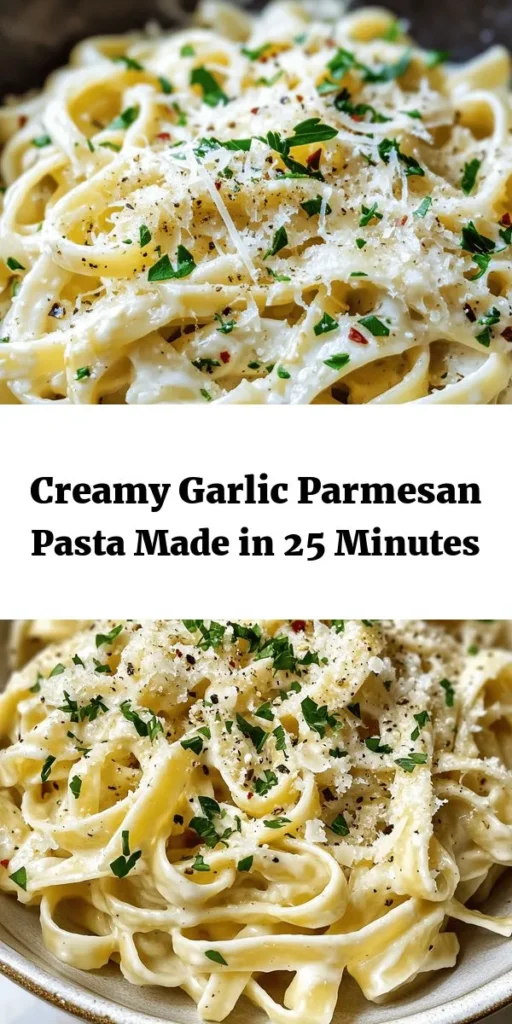 Indulge in this creamy Garlic Parmesan Pasta that's quick and easy to make! Perfect for weeknight dinners or a cozy date night, this dish combines fettuccine or spaghetti with buttery garlic, rich cream, and freshly grated Parmesan for a deliciously comforting meal. Add a pinch of red pepper flakes for a kick and finish with fresh parsley and lemon zest for a burst of flavor. Ready in just 25 minutes, it's a pasta lover's dream!