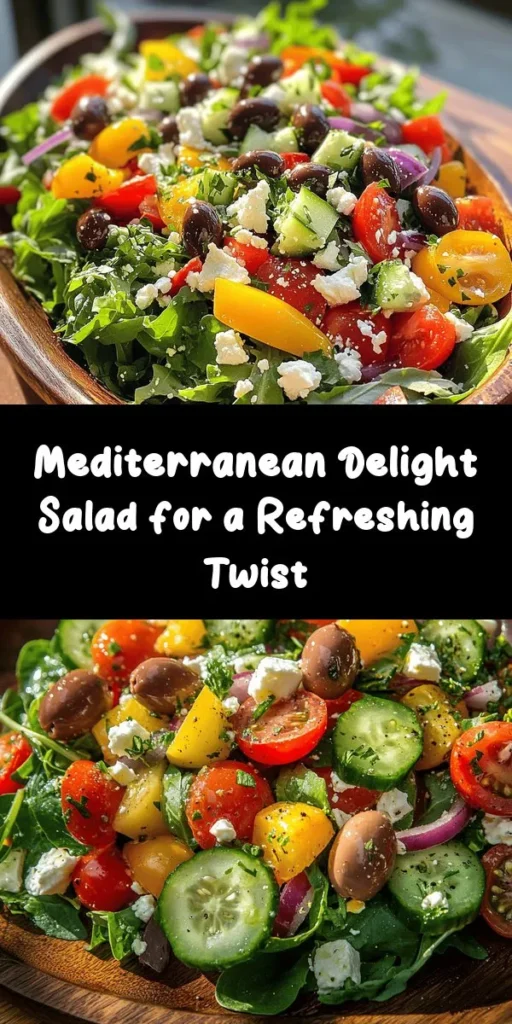 Brighten up your meal with this Refreshing Mediterranean Delight Salad! Packed with mixed greens, juicy cherry tomatoes, crisp cucumbers, and bell peppers, this colorful dish is topped with Kalamata olives and creamy feta for a burst of flavor. Drizzled with a zesty homemade olive oil and red wine vinegar dressing, this salad is perfect for lunch or a side dish. Ready in just 15 minutes, it’s an easy and healthy choice that everyone will love!
