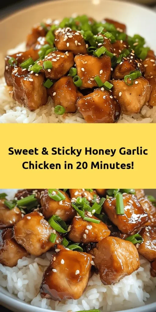 Looking for a quick and delicious dinner idea? Try this Honey Garlic Chicken recipe! In just 20 minutes, you'll have juicy chicken coated in a sweet and savory honey garlic sauce. With simple ingredients like soy sauce, garlic, and honey, it's a dish the whole family will love. Serve it over rice or quinoa, and don’t forget the garnish of green onions and sesame seeds for that perfect finishing touch. Your taste buds will thank you!
