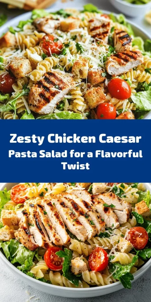 Introducing the Zesty Chicken Caesar Pasta Salad Surprise! This refreshing dish combines tender rotini pasta, grilled chicken, crunchy romaine, and vibrant cherry tomatoes all tossed in a creamy Caesar dressing. Finished with Parmesan cheese and croutons for added texture, it’s perfect for a light lunch or a potluck. Quick to prepare in just 30 minutes, this salad can be enjoyed immediately or chilled for even more flavor. Enjoy a delicious twist on a classic favorite!