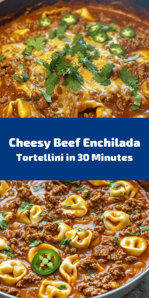 Savor a delightful twist on classic enchiladas with this Cheesy Beef Enchilada Tortellini! Packed with ground beef, savory spices, and gooey cheese, this dish is perfect for a quick weeknight dinner. With just 15 minutes of prep and 30 minutes total, you'll have a delicious meal that combines the best of both worlds. Garnish with fresh cilantro and jalapeños for an extra kick. Your family will love this comforting, cheesy delight!
