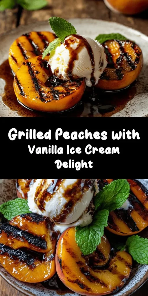 Indulge in the delightful combination of grilled peaches and creamy vanilla ice cream with this easy recipe! Simply brush halved peaches with a mix of coconut oil, brown sugar, and cinnamon, then grill them to perfection for a few minutes. Serve them warm with a scoop of ice cream, and finish with fresh mint and a drizzle of balsamic glaze for an extra touch. Ready in just 15 minutes, it's a perfect summer dessert that's sure to impress!