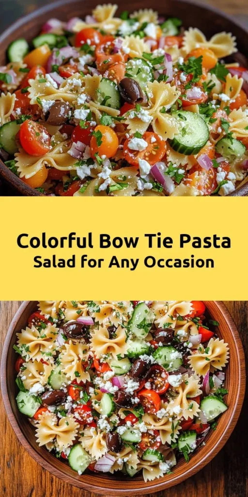 Brighten up your meal with this delicious Bow Tie Pasta Salad Extravaganza! Packed with fresh veggies like cherry tomatoes, cucumber, and red bell pepper, and tossed in a zesty dressing, this dish is a perfect side or light lunch option. It's quick to prepare, taking just 15 minutes to prep and can be made ahead of time for even better flavor. Don't forget the crumbled feta for an extra touch! Chill, serve, and enjoy!