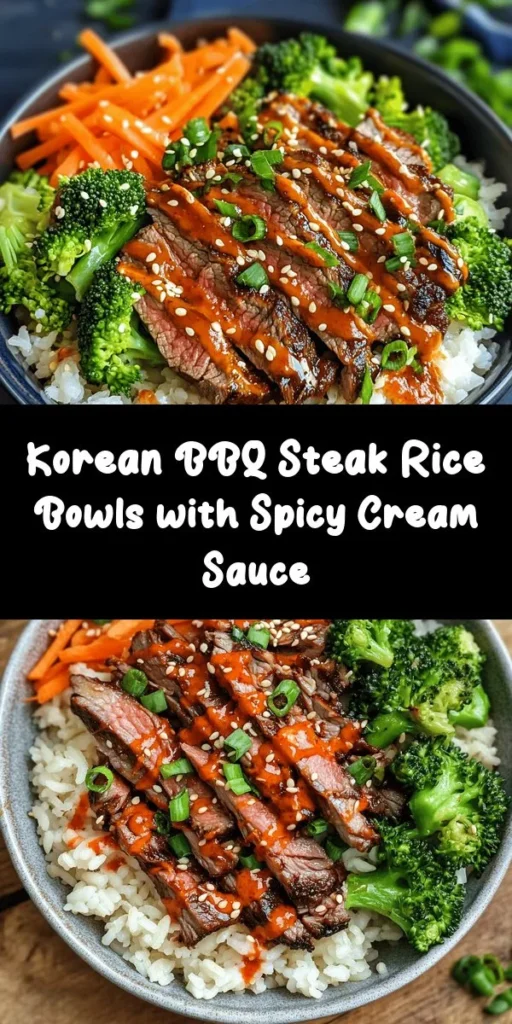 Dive into the vibrant flavors of Korean BBQ with these irresistible Steak Rice Bowls topped with a spicy cream sauce! Featuring tender flank steak marinated in a mouthwatering blend of soy sauce and gochujang, this dish combines perfectly cooked jasmine rice, steamed broccoli, and crisp carrots. Drizzle on the creamy sauce for a kick of heat, then garnish with green onions and sesame seeds. Perfect for a cozy dinner, this recipe serves four and packs a punch!