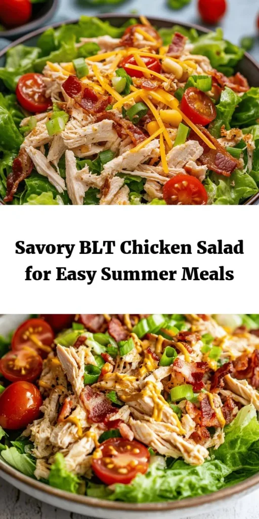 Enjoy a fresh twist on a classic with this BLT Chicken Salad Delight! Packed with juicy chicken, crispy bacon, and colorful cherry tomatoes, this salad is both satisfying and easy to make. The creamy dressing brings all the flavors together, making it perfect for lunch or a light dinner. Serve it on a bed of lettuce, in a wrap, or as a delicious sandwich. With just 15 minutes of prep, it's a quick and tasty meal option everyone will love!
