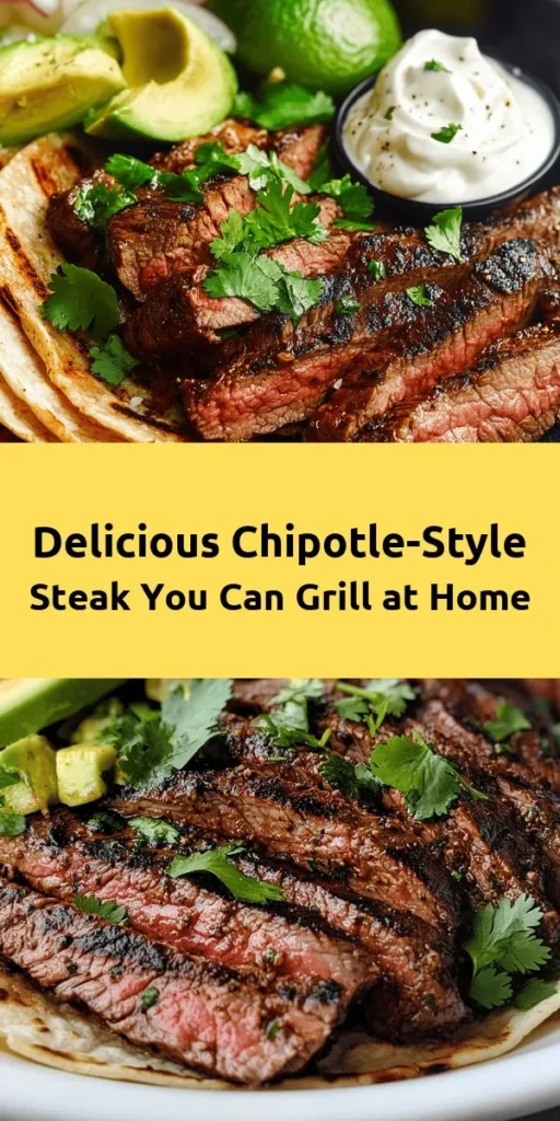 Elevate your dinner with this mouthwatering chipotle-style steak recipe! With tender flank or skirt steak marinated in a zesty blend of olive oil, chipotle peppers, garlic, and spices, it promises a burst of flavor in every bite. Grill to perfection and serve with warm tortillas and your favorite toppings like avocado, sour cream, and diced onions. Perfect for family dinners or a weekend BBQ. Get ready to impress with this easy-to-follow recipe!