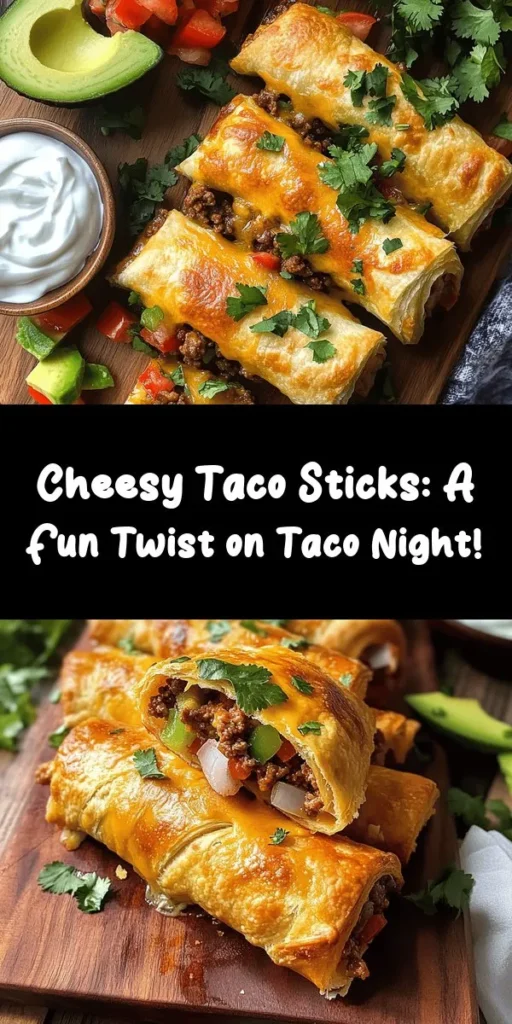 Satisfy your cravings with these Cheesy Taco Sticks! Packed with flavorful ground beef or turkey, sautéed veggies, and two kinds of cheese, all wrapped in flaky crescent roll dough, this dish is perfect for game night or a quick dinner. With a spicy kick from jalapeños and delicious toppings like sour cream and avocado, these tasty sticks are sure to be a hit! Easy to make in just 30 minutes—your family will be asking for seconds!