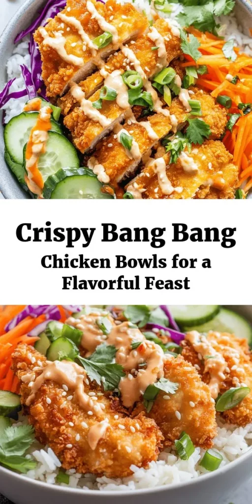 Dive into the deliciousness of Bang Bang Chicken Bowls! These bowls feature crispy breaded chicken thighs perfectly paired with fluffy jasmine rice and fresh veggies like cabbage, cucumbers, and carrots. Drizzled with a zesty Bang Bang sauce made from mayonnaise, sweet chili, and sriracha, every bite is a flavor explosion. Ideal for a tasty dinner or meal prep, this recipe is simple, satisfying, and sure to impress! Enjoy a burst of flavor in every bite!