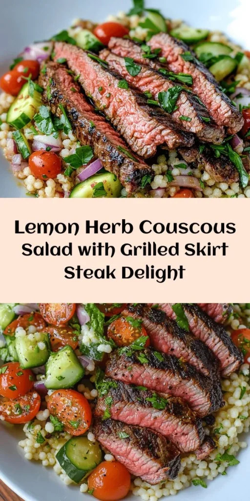 Savor the flavors of summer with this Grilled Skirt Steak paired with a refreshing Lemon Herb Couscous Salad! This recipe combines a perfectly marinated skirt steak, grilled to juicy perfection, with a vibrant salad featuring couscous, cherry tomatoes, cucumber, and fresh herbs. It's an ideal dish for grilling enthusiasts and a delightful crowd-pleaser for family gatherings. Quick to prepare and packed with flavor, this meal is sure to impress!