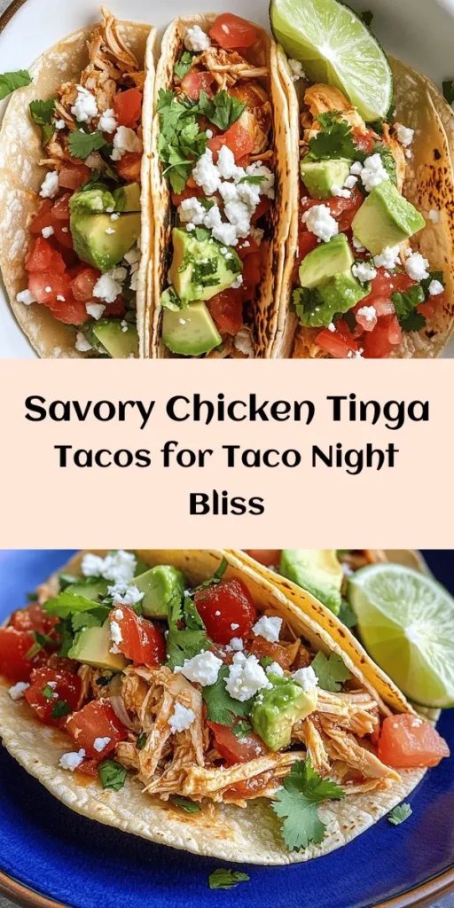 Transform your taco night with these flavorful Chicken Tinga Tacos! Made with tender, shredded chicken thighs simmered in a spicy chipotle-tomato sauce, these tacos pack a punch. Pair them with warm corn tortillas and your favorite toppings like fresh cilantro, avocado, and queso fresco for a delicious meal. Ready in just an hour, they're perfect for gatherings or a cozy dinner at home. Don't miss out on this tasty recipe!