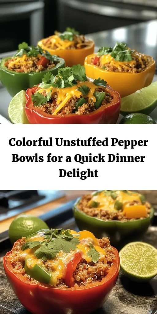 Try these colorful unstuffed pepper bowls for a wholesome and delicious meal! Made with ground turkey (or beef), quinoa, and a mix of vibrant bell peppers, this dish is packed with flavor and nutrition. It's quick to prepare, taking just 15 minutes to prep and 40 minutes total. Perfect for those busy weeknights, each bowl is topped with melted cheese and fresh herbs, making it a family favorite. Serve with lime wedges for an extra zing! Enjoy a tasty, healthy dinner tonight!