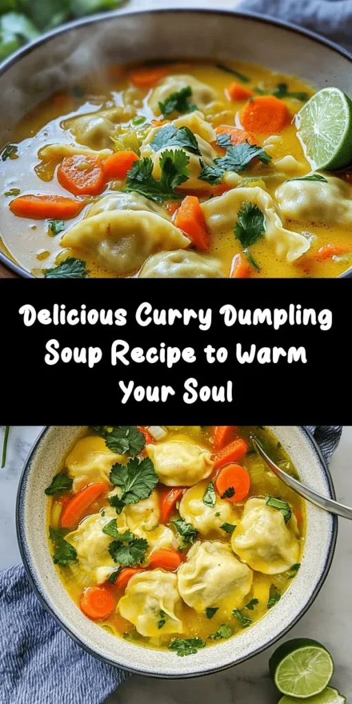 Warm up with this delightful Curry Dumpling Soup! Packed with flavor from coconut milk, red curry paste, and fresh veggies, this hearty dish is a perfect blend of comfort and spice. With easy-to-follow instructions, you can have a comforting bowl ready in just 30 minutes. Don't forget to garnish with fresh cilantro and a squeeze of lime for an extra zing. Perfect for weeknight dinners, this soup is sure to impress your family and friends. Enjoy every bite!