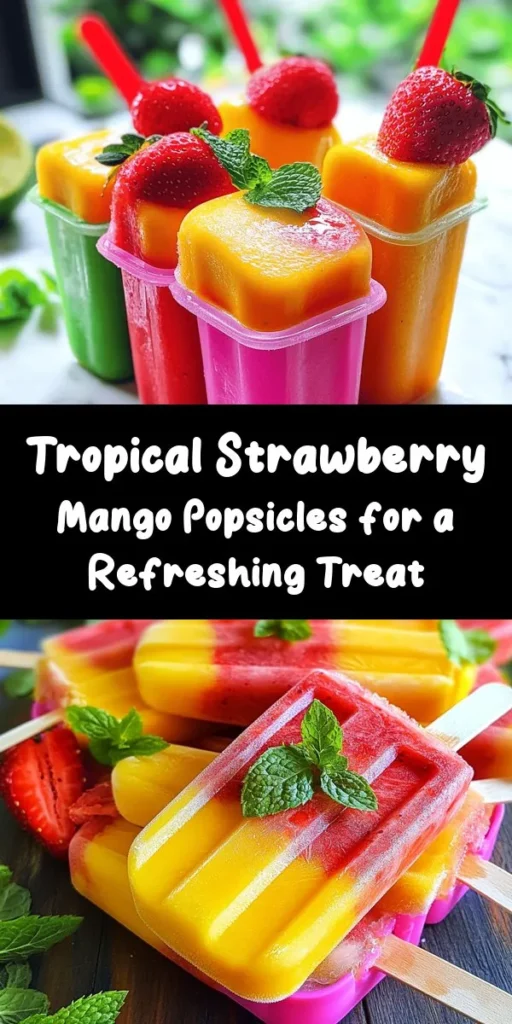 Beat the heat with these Tropical Bliss Strawberry Mango Popsicles! Packed with fresh strawberries and ripe mangoes, blended with coconut water and a splash of lime juice for a refreshing twist. Sweeten to your liking with honey or agave syrup, and freeze for a delightful treat. Perfect for summer gatherings or a healthy snack, these pops are as easy to make as they are delicious. Garnish with mint for an extra touch. Enjoy a slice of paradise!