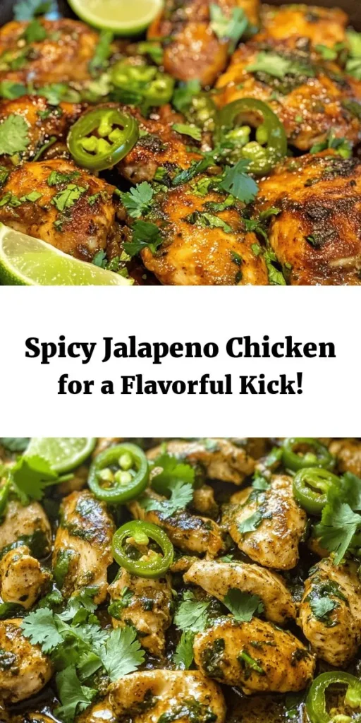 Spice up dinner with this delicious Spicy Jalapeno Chicken! This easy recipe features tender chicken breast marinated in fresh jalapenos, garlic, and a blend of spices for an explosion of flavor. Cooked with sautéed onions and a zesty lime sauce, it's perfect for serving over rice, in tacos, or with tortilla chips. Garnish with cilantro and lime wedges for a fresh finish. Ideal for those who love a little heat in their meals!
