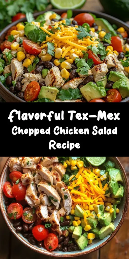 Brighten up your meal with this delicious Tex-Mex Chopped Chicken Salad! Packed with grilled chicken, black beans, corn, and fresh veggies, this salad is bursting with flavor. Tossed in a zesty lime dressing and topped with creamy avocado and cheddar cheese, it's the perfect balance of textures. Ready in just 15 minutes, it's a quick and healthy option for lunch or dinner. Enjoy a taste of fiesta in every bite!