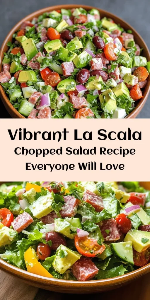 Discover the refreshing taste of La Scala Chopped Salad Delight! This vibrant medley of romaine lettuce, cherry tomatoes, cucumbers, red bell pepper, salami, and mozzarella is a flavorful feast. Toss in creamy avocado and tangy Kalamata olives, topped with a homemade dressing of red wine vinegar, olive oil, Dijon mustard, and honey. Perfect as a main dish or side salad, this recipe is quick to prepare and sure to impress! Enjoy in just 15 minutes!