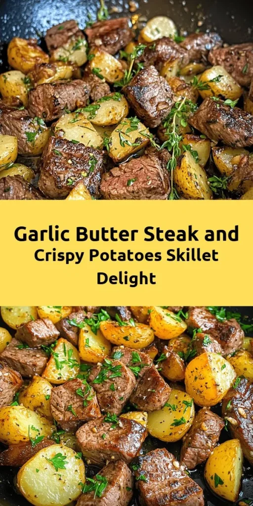 Looking for a quick and delicious dinner idea? Try this Sizzling Garlic Butter Steak & Potatoes Skillet! With tender sirloin steak cubes seared to perfection and crispy baby potatoes sautéed in garlic and fresh herbs, this meal will be a hit at your dinner table. Ready in just 30 minutes, it’s an easy one-pan dish that’s perfect for busy weeknights. Don’t forget to garnish with fresh parsley for that extra touch! Enjoy!