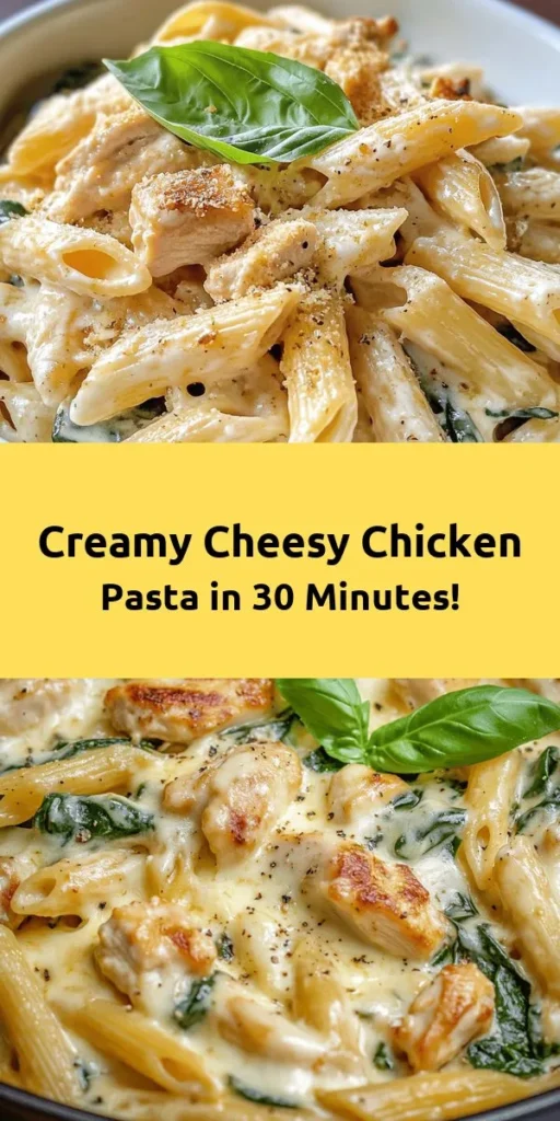 Indulge in this Cheesy Chicken Delight Pasta that's perfect for dinner! With creamy cream cheese, gooey mozzarella, and savory Parmesan, this dish is a flavor explosion. Paired with diced chicken and fresh spinach, it's a comforting meal in just 30 minutes. Easy to make and sure to please, it's the ultimate weeknight delight that will have everyone coming back for seconds. Top with fresh basil for an extra touch of flavor!