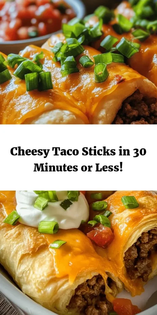Looking for a fun and delicious snack? Try these Cheesy Taco Sticks! Made with crispy crescent roll dough, seasoned ground beef or turkey, and gooey cheddar cheese, they’re perfect for parties or a cozy night in. With just a few simple ingredients, you can whip up these tasty treats in 30 minutes. Serve with sour cream and salsa for dipping and get ready for a flavor explosion! This recipe is sure to be a hit with family and friends!