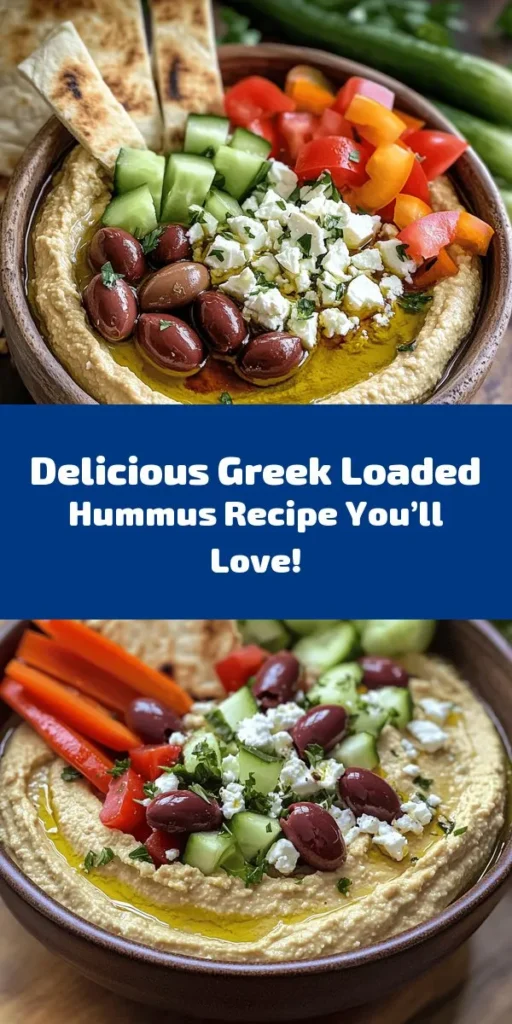 Dive into a Mediterranean delight with this Greek Style Loaded Hummus. Quick to whip up, this creamy blend of chickpeas, tahini, and garlic becomes an irresistible base topped with tangy Greek yogurt, fresh cucumber, juicy tomatoes, Kalamata olives, and crumbled feta. Perfect for gatherings or a healthy snack, serve with pita or veggie sticks for a flavorful dip that’s as beautiful as it is delicious. Enjoy a taste of Greece at home!