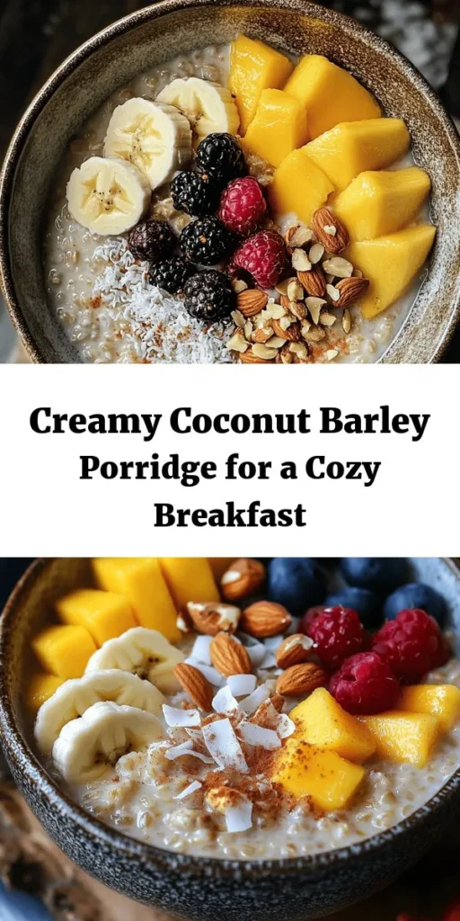 Start your morning with this creamy coconut barley porridge delight! Made with pearl barley, coconut milk, and sweetened with maple syrup, this wholesome dish is a perfect blend of flavors and textures. Customize your bowl with fresh fruits like bananas and berries, crunchy nuts, and a sprinkle of cinnamon for an extra touch. Quick prep and deliciously satisfying, this recipe serves four and is sure to become a breakfast favorite and a nourishing way to kick off your day!