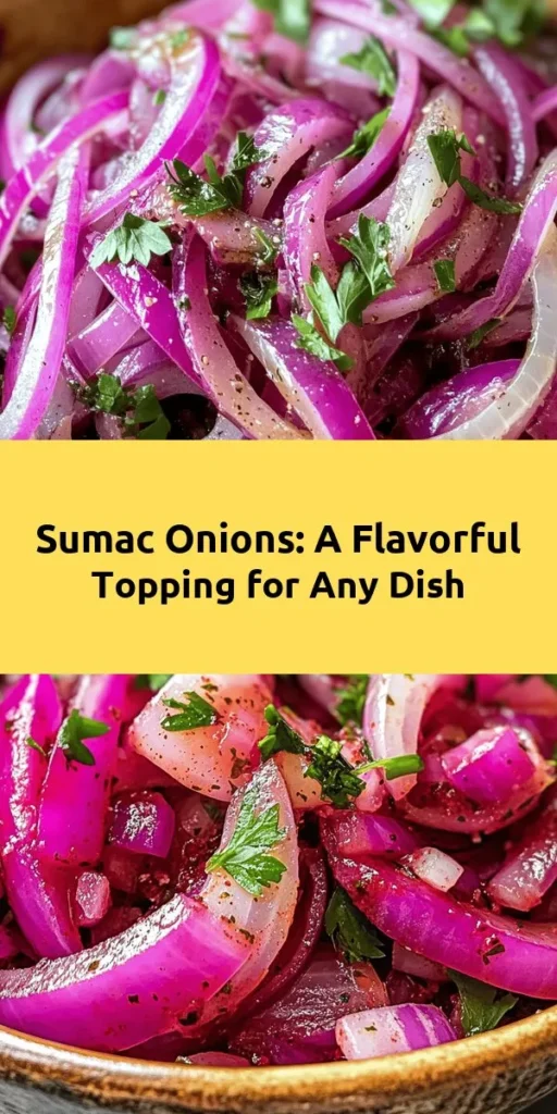Elevate your meals with this flavorful Sumac Onions Delight! Made with red onions, olive oil, and a splash of lemon juice, this recipe is simple yet packed with tangy goodness. The sumac brings a unique zest, while honey adds a hint of sweetness. Perfect as a topping for grilled meats, a crunchy salad accent, or a zesty condiment for wraps, it’s a must-try for any picnic or dinner table. Give it a go and delight your taste buds!