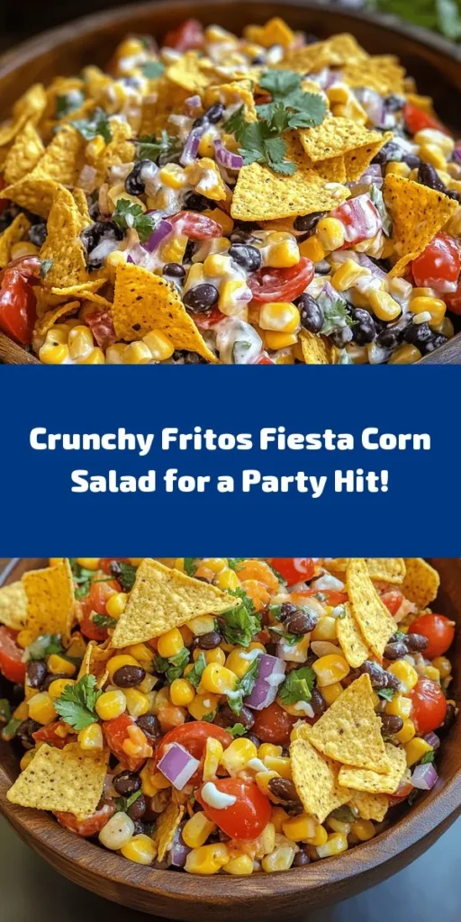 Looking for a fun and vibrant side dish? Try this Fritos Fiesta Corn Salad! Packed with fresh corn, juicy cherry tomatoes, black beans, and crunchy Fritos, it's the perfect blend of flavors and textures. A creamy dressing of mayonnaise, sour cream, and a hint of lime brings it all together. Quick to prepare and perfect for gatherings, this salad is sure to be a hit at your next BBQ or picnic. Serve it chilled or at room temperature for a delicious treat!