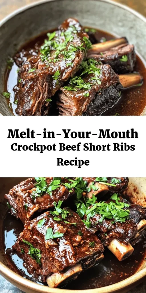 Indulge in the rich flavors of these Super Tender Crockpot Beef Short Ribs! This easy recipe features succulent short ribs seared to perfection, then slow-cooked with a blend of savory ingredients like red wine, beef broth, and aromatic herbs. Perfect for a hearty family meal, these ribs are tender enough to fall off the bone and will have everyone coming back for seconds. Garnish with fresh parsley and enjoy a delicious, comforting dish that practically cooks itself!