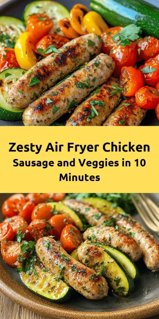 Discover the perfect blend of flavors with this Quick & Zesty Air Fryer Chicken Sausage & Veggies recipe! In just 15 minutes, you'll have a nutritious meal featuring juicy chicken sausages, vibrant bell peppers, tender zucchini, and sweet cherry tomatoes. Simply toss your ingredients with olive oil and Italian seasoning, then air fry to perfection. Ideal for busy weeknights, it's easy to make and packed with taste. Don't forget to garnish with fresh parsley for an added touch!