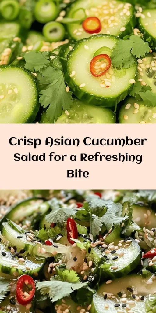 Elevate your meal with this Refreshing Asian Cucumber Salad! Crisp cucumbers are bathed in a tangy dressing made with rice vinegar, soy sauce, and a touch of honey. Infused with ginger, garlic, and optional chili for a kick, this salad is topped with sesame seeds and green onions, creating a perfect balance of flavors. Serve it immediately or let it marinate for even more deliciousness. Perfect for summer gatherings or as a light side dish!
