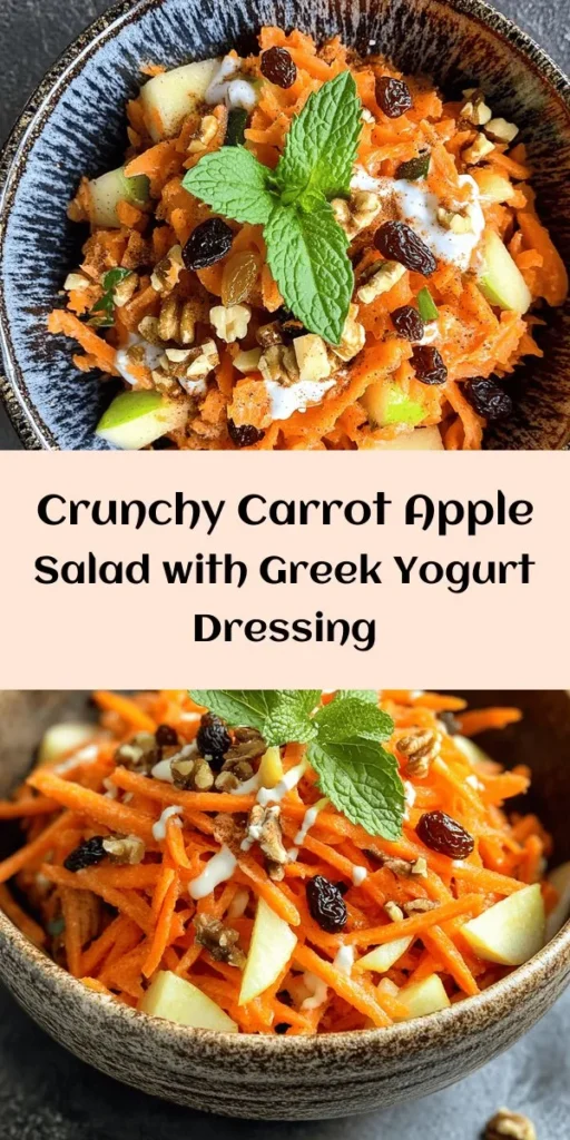 Discover a refreshing and healthy treat with this Crunchy Carrot Apple Delight! This easy-to-make salad combines the sweetness of grated apples and carrots with chewy raisins and crunchy walnuts, all tossed in a creamy Greek yogurt dressing. Perfect for a light snack or side dish, it's both nutritious and delicious. Chill it for a bit to let the flavors blend, then enjoy a burst of fresh flavor garnished with mint! Ideal for any occasion!