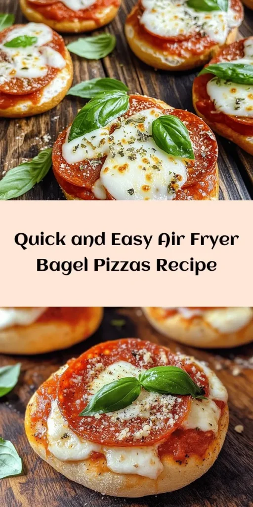 Create a delicious and quick snack with these Air Fryer Bagel Pizzas! Perfect for a movie night or a fun meal, these mini bagel pizzas are topped with pizza sauce, gooey mozzarella, and your choice of toppings, all cooked to crispy perfection in just 15 minutes. Each bite is bursting with flavor, and you can customize them with your favorite ingredients. Grab your air fryer and get ready to enjoy this easy recipe!