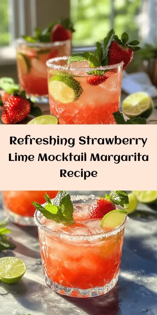 Quench your thirst with this delightful Strawberry Lime Mocktail Margarita! Perfect for warm days, this refreshing drink combines fresh strawberries and zesty lime for an explosion of flavor. Sweeten it to your liking with agave syrup, then mix in sparkling water for a fizzy finish. Garnish with mint leaves and lime wedges for a vibrant touch. Easy to make in just 10 minutes, it's the ideal drink for any occasion. Enjoy the taste of summer!