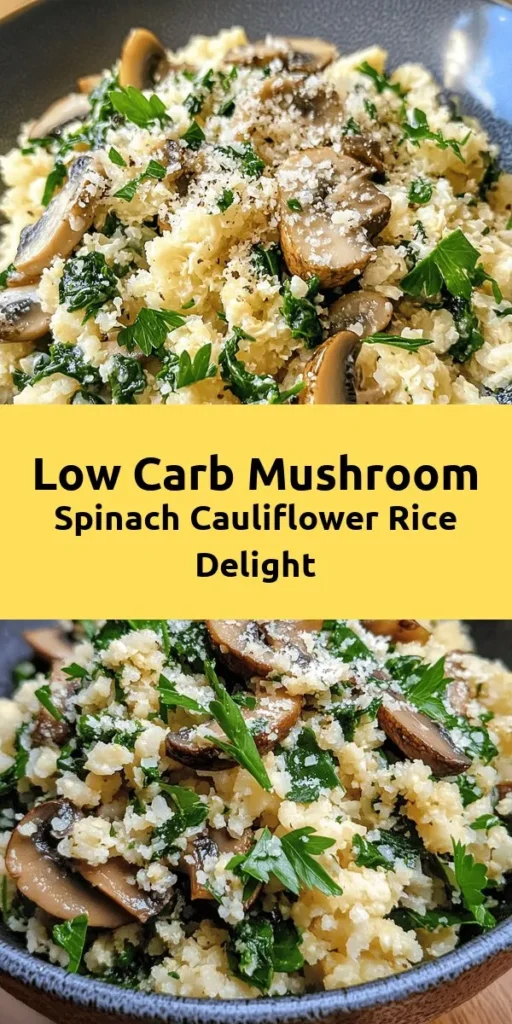 Discover a deliciously healthy meal with this Sautéed Serenity: Low Carb Mushroom & Spinach Cauliflower Rice! This easy recipe features grated cauliflower rice sautéed with fresh spinach, savory mushrooms, and aromatic garlic—all brought together with a hint of oregano. Perfect for a quick weeknight dinner, it's low in carbs and packed with flavor. Optional Parmesan adds a creamy touch. Ready in just 25 minutes, this dish is a delightful way to enjoy wholesome ingredients!