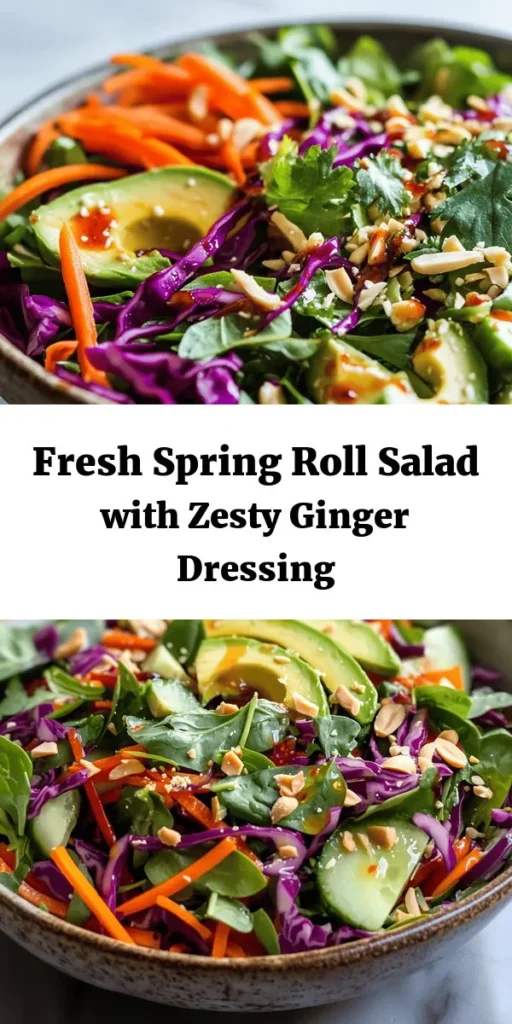 Brighten up your meal with this refreshing Spring Roll Salad topped with a zesty spicy ginger dressing! Packed with colorful veggies like greens, shredded carrots, bell peppers, and avocado, this salad is not only delicious but also vibrant and healthy. The homemade dressing combines ginger, garlic, soy sauce, and Sriracha for a flavorful kick. Quick to prepare in just 15 minutes, it's perfect for a light lunch or a side dish at dinner. Enjoy this fresh and crunchy salad today!