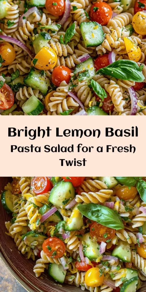 Whip up this refreshing Zesty Lemon Basil Pasta Salad for a delightful side or light meal! This easy recipe features whole grain or gluten-free pasta, vibrant cherry tomatoes, crunchy cucumber, and aromatic basil tossed in a zesty lemon dressing. Perfect for summer picnics or weekday lunches, it’s quick to prepare and packed with flavor. Add nutritional yeast for a cheesy twist. Chill for at least 30 minutes and savor the zing!