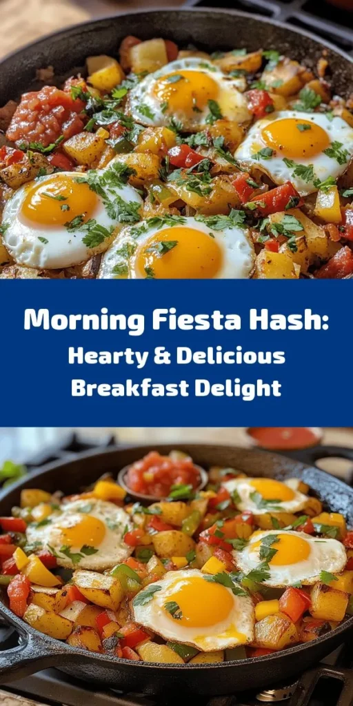 Start your day with a delicious Hearty Morning Fiesta Hash! This savory dish combines crispy Yukon Gold potatoes, vibrant bell peppers, and crumbled breakfast sausage topped with perfectly cooked eggs and melted cheddar cheese. It's easy to make and perfect for any breakfast table. Simply sauté, combine, and bake for a meal that’s both filling and flavorful. Don’t forget to garnish with fresh cilantro and serve with salsa for an extra kick! Enjoy!