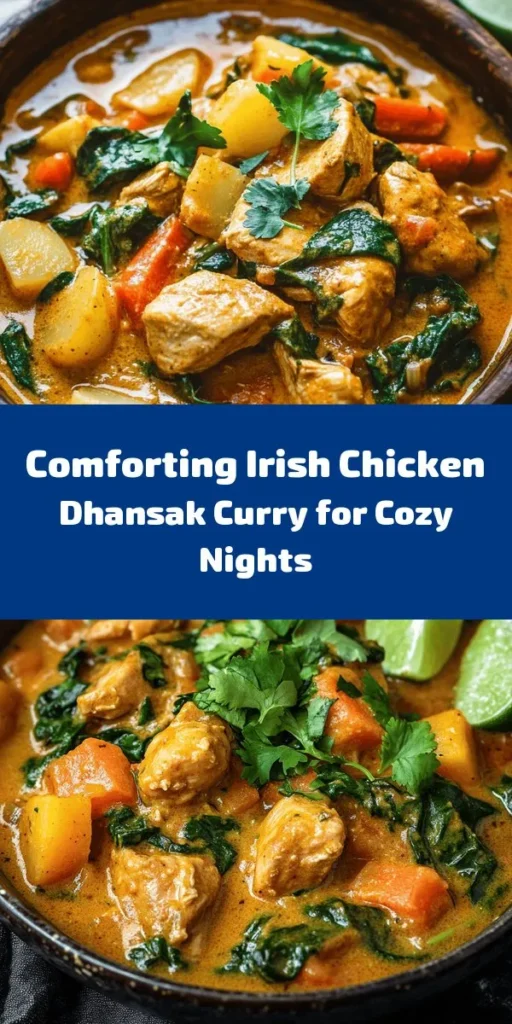 Discover a cozy blend of flavors with this Hearty Irish Chicken Dhansak Curry! Packed with tender chicken, hearty potatoes, and vibrant veggies like spinach and carrots, it's both filling and nutritious. Marinated in aromatic spices, this dish is simmered in creamy coconut milk and chicken broth for a rich, comforting meal. Perfect for a weeknight dinner or impressing guests. Serve it with fresh coriander and lime wedges for a burst of freshness. Enjoy!