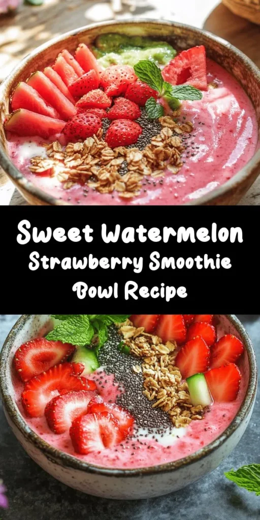 Cool off with this refreshing Watermelon and Strawberry Smoothie Bowl! Packed with hydrating watermelon, sweet strawberries, and a creamy banana base, this bowl is both delicious and nutritious. Top it with granola, fresh fruit, chia seeds, and a hint of mint for an extra burst of flavor. Perfect for breakfast or a snack, this vibrant bowl takes only 10 minutes to make. Dive into this refreshing treat and enjoy the summer vibes all year round!