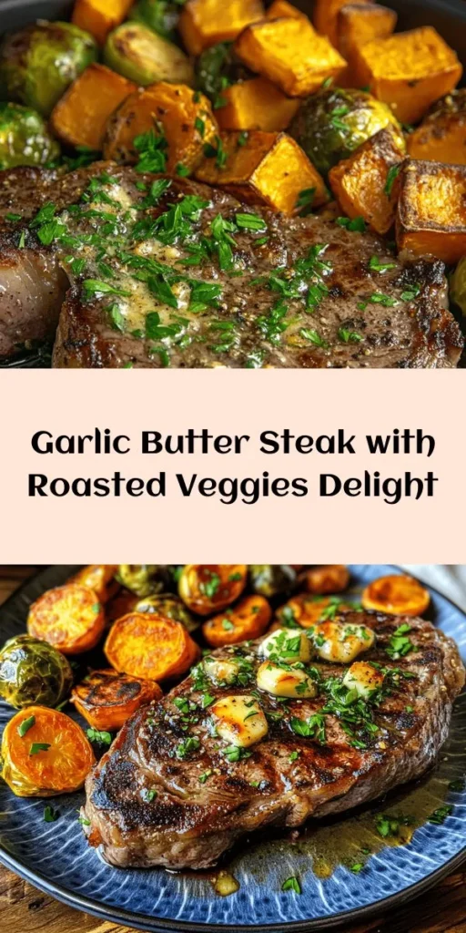 Indulge in this flavorful Garlic Butter Steak with Brussels Sprouts and Sweet Potatoes! This easy recipe starts with perfectly roasted Brussels sprouts and sweet potatoes that caramelize beautifully in the oven. Meanwhile, juicy ribeye steaks are seared and basted in a rich garlic butter sauce with fresh thyme. Ready in just 40 minutes, this dish is both comforting and easy to make, perfect for a cozy dinner. Don't forget to garnish with fresh parsley for that extra touch!