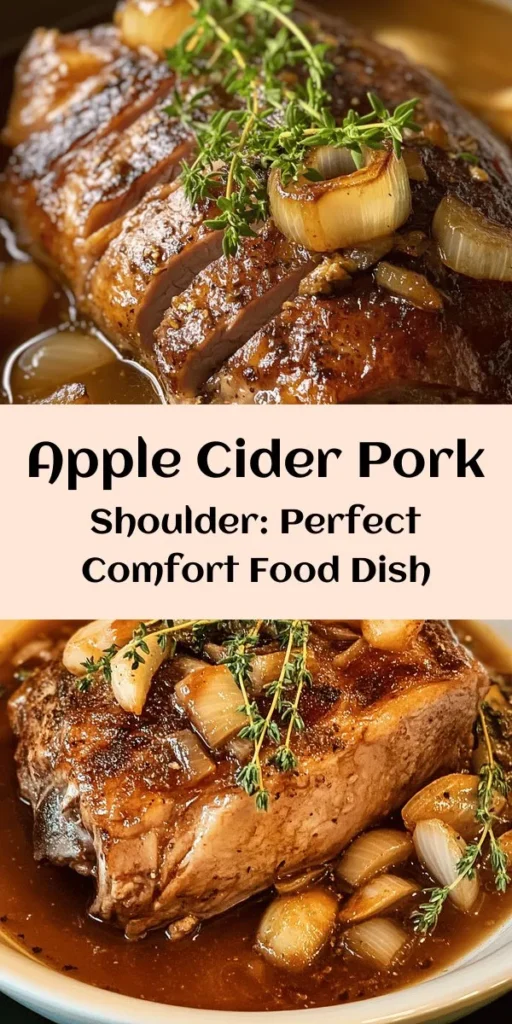 Indulge in the flavors of fall with this Apple Cider Braised Pork Shoulder recipe! This comforting dish features tender pork shoulder slowly braised in aromatic apple cider, with hints of garlic, onion, and warm spices. Perfect for gatherings or a cozy family dinner, this easy recipe delivers fork-tender meat packed with rich flavors. Serve it drizzled with the luscious braising liquid, garnished with fresh thyme for a delicious touch. Enjoy!