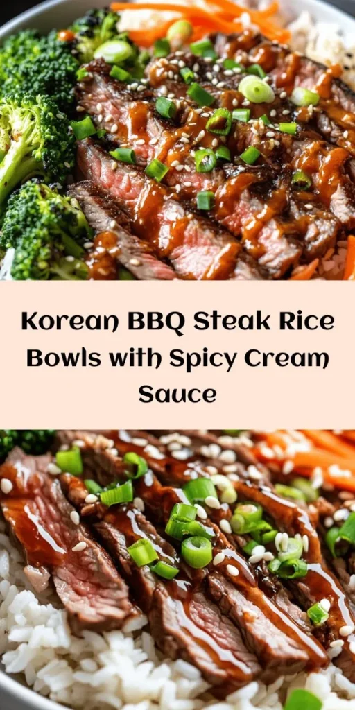 Indulge in the deliciousness of Korean BBQ Steak Rice Bowls with Spicy Cream Sauce! This mouthwatering recipe features tender flank steak marinated in a flavorful blend of soy sauce, brown sugar, and garlic, served over fluffy jasmine rice with vibrant broccoli and carrots. Topped with a spicy cream sauce, these bowls are perfect for a comforting dinner. Easy to prepare and packed with flavor, they’re sure to impress your family and friends!