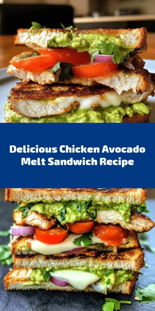 Indulge in this Chicken Avocado Melt Sandwich Delight that's packed with flavor and perfect for any meal! Succulent grilled chicken is paired with a creamy avocado spread featuring tomatoes and red onion, all topped with gooey mozzarella cheese. Grilled to perfection on your choice of sourdough or whole-grain bread, it's a deliciously satisfying treat. Quick to prepare and ready in just 30 minutes, this melt is sure to be a family favorite!